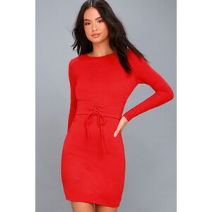 Lulus Hearts Aflame Red Lace-up Long Sleeve Bodycon Dress - Size Medium